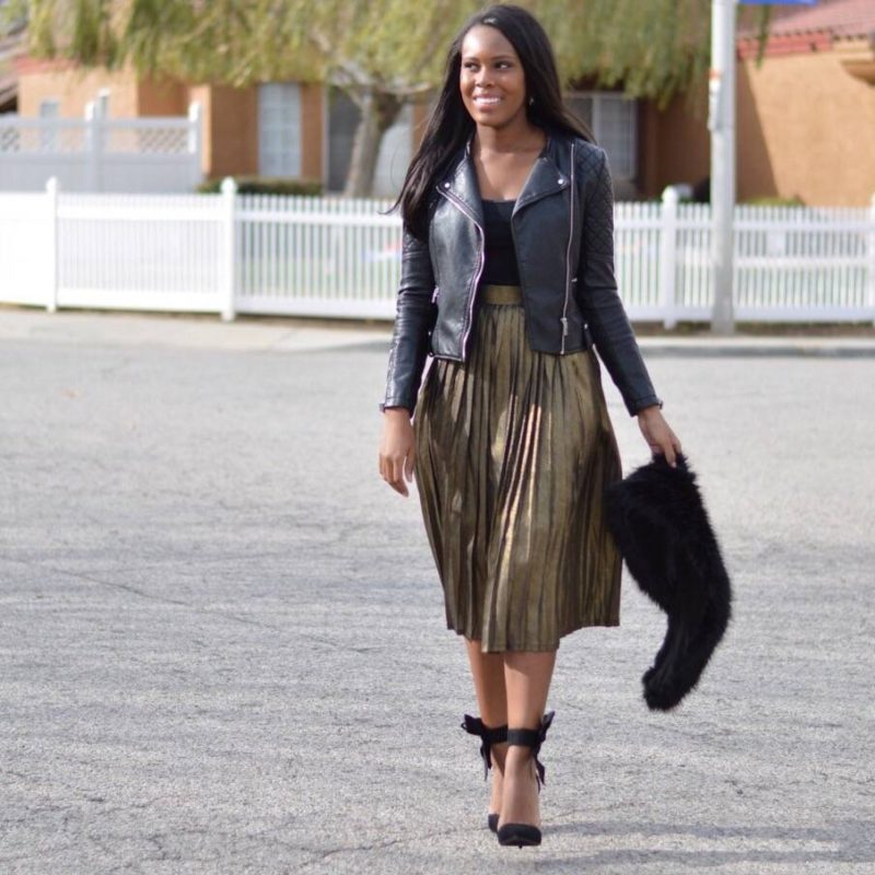 Metallic Skirt and Leather Jacket- Le Fab Chic