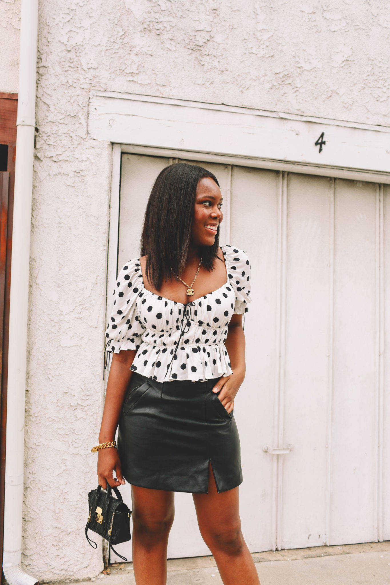 polka dot top & Leather Skirt - le fab chic