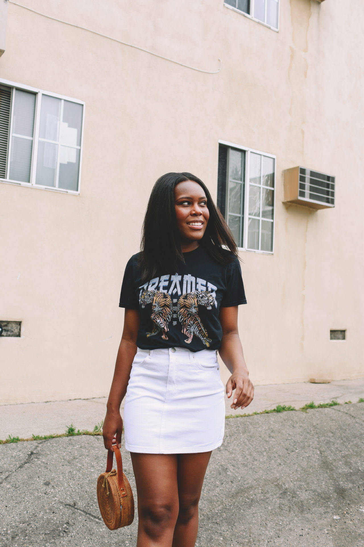 T shirt and store denim skirt outfit